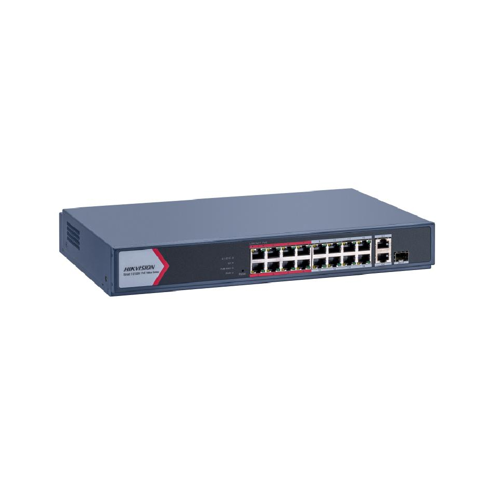 Hikvision DS-3E1318P-EI-M – Switch Smart Managed PoE 16 puertos 10/100 Mbps, 2 puertos Gigabit Combo, presupuesto PoE hasta 230 W